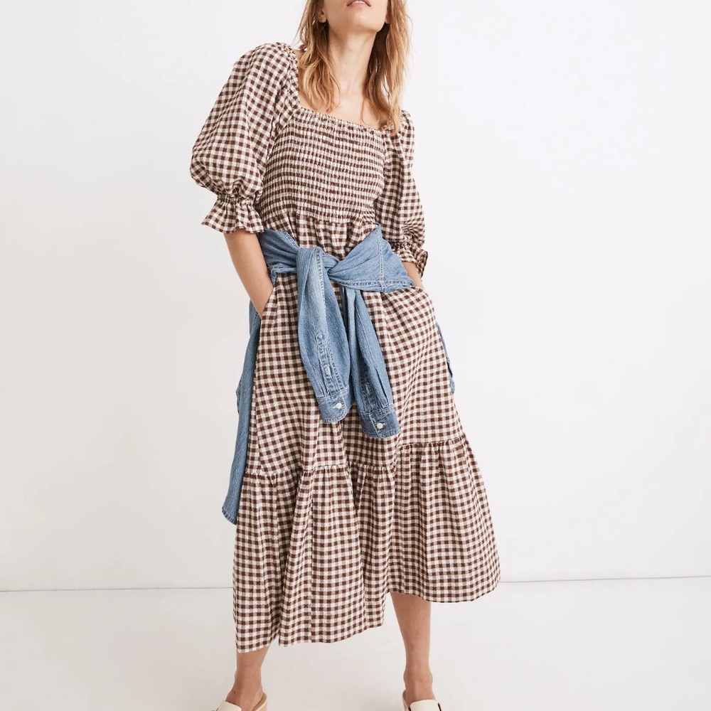 Madewell Dress -Lucie Elbow-Sleeve Smocked Midi Dress in Gingham